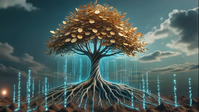 A money tree growing rapidly from digital soil, with binary code flowing from the roots upward

