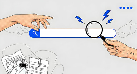 Hands interacting with a search bar and magnifying glass amidst scattered papers on a light background