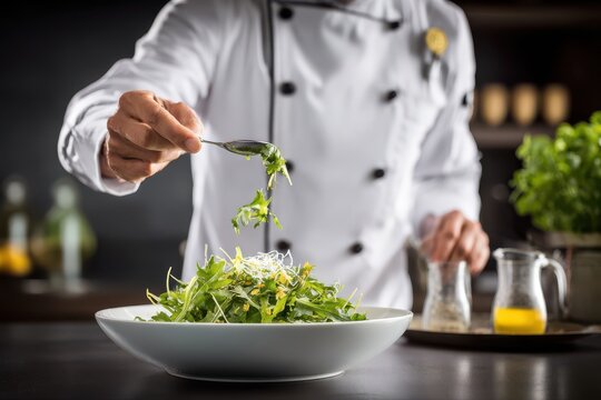A chef is meticulously plating a fresh summer salad in a bustling kitchen, focusing on each detail to create a visually appealing dish.