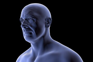 Man's head and neck silhouette, front-side view, showing facial contours, jawline, and neck anatomy, 3D illustration.