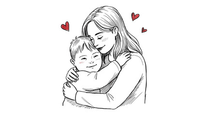 Boy with Down syndrome hugging his mother with love, heart symbols, copy space
