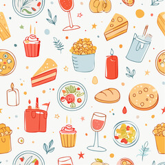 Contemporary minimalist line art banner with food, candles, drinks and decor doodles. Hand drawn dinner party seamless pattern. Coquette ink menu background. Vector graphic