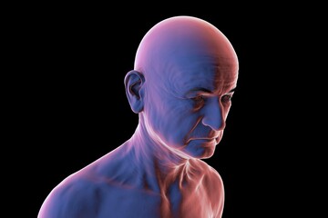 Elderly man's head and neck silhouette, front-side view, showing age-related features, jawline, and neck contours, 3D illustration.