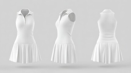 white sleeveless tennis dress mockup in front, side, and back views, sportswear branding and athletic apparel 