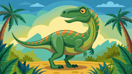 Naklejka premium Cute cartoon green dinosaur with orange stripes in a prehistoric jungle landscape