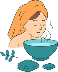 Vector illustration of a woman doing a facial steam treatment with a towel wrapped around her head. The scene depicts a calm and soothing self-care moment at home.