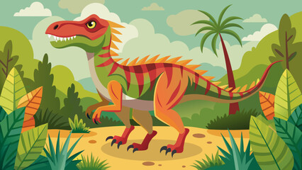 Colorful cartoon dinosaur roaming through a lush prehistoric jungle landscape