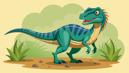 Fototapeta premium Cartoon green dinosaur with blue stripes walking in a prehistoric landscape