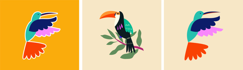Vector set with hummingbird bird. Art posters
