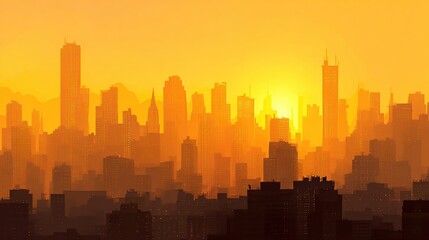 Naklejka premium A hazy sunrise bathes a dense cityscape in warm, golden hues, silhouettes of skyscrapers and buildings stretching across the horizon, mountains faintly visible in the distance