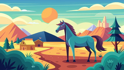Fototapeta premium Stylized teal horse stands in a vibrant landscape with mountains and a farmhouse