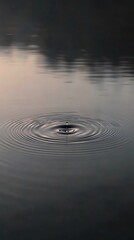 Water droplet falling and creating ripple effect on dark surface of lake at dusk