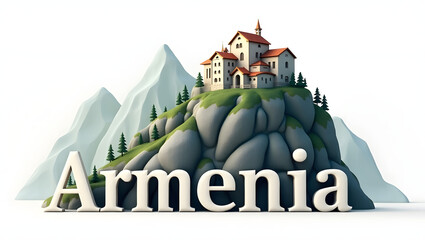 3d illustration of Tatev Monastery with the word 'Armenia' beneath. Mountain backdrop and historic feel on white background.