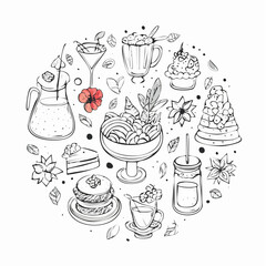 Set of hand drawn whimsical illustrations of food and drinks. Doodle drawings of italian and french food, cocktails, flowers and decor. Coquette line art in vintage style. Vector design