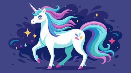 Fototapeta premium Magical white unicorn with colorful mane and tail in starry night sky