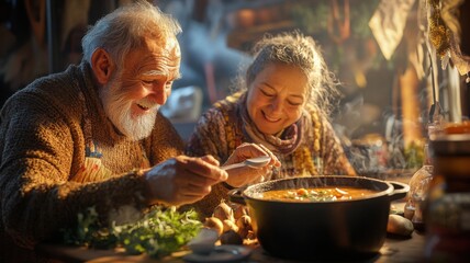 Couple sharing a moment while preparing dinner in a rustic kitchen with warm lighting and seasonal ingredients