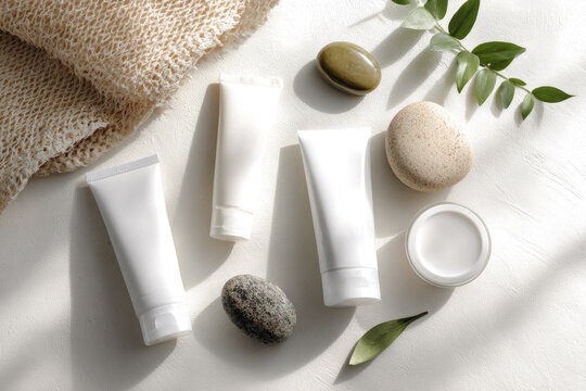 White cosmetic tube, cream jar, natural stone, green leaf, and textured fabric arranged on light background create calm, spa inspired flat lay for skincare or aromatherapy branding