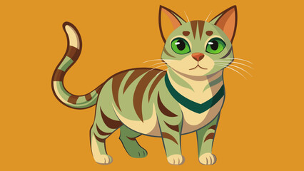 Obraz premium Cute cartoon tabby cat with green eyes standing on an orange background