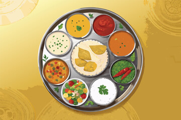 Overhead view of a vibrant Indian thali with diverse dishes.