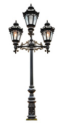 An elegant, antique street lamp stands against a transparent background, its ornate ironwork and classic design evoking a sense of history and urban charm