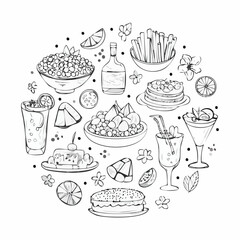 Set of hand drawn whimsical illustrations of food and drinks. Doodle drawings of italian and french food, cocktails, flowers and decor. Coquette line art in vintage style. Vector design