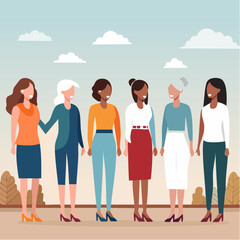 Women of different races and age standing together. Profile silhouettes of female characters with various skin colors and hair styles. Minimal flat style illustration. Feminism movement concept