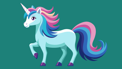 Cute cartoon unicorn with a rainbow mane and tail on a teal background