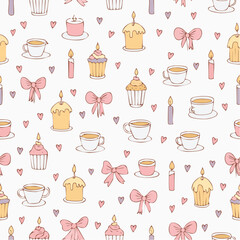 Seamless vector banner with coquette vintage bows, ribbons, candles, cake, cup, teapot. Whimsical line art pattern for wedding invitation, valentine day design. Hand drawn romantic background