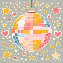 Abstract colorful disco ball with starts and hearts decorations. Geometric mirror decor for party celebration. Dance sphere in 70s style. Fun vector illustration