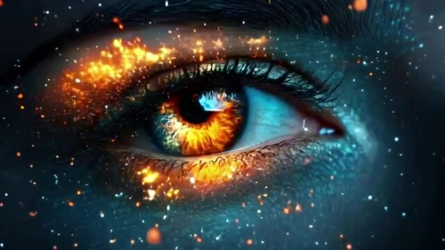 Closeup of an eye with fiery glowing iris