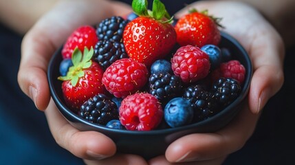 A Bowl of Summer Berries Held in Loving Hands