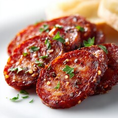 Elegant plate of flavorful chorizo served with a fork ready to enjoy