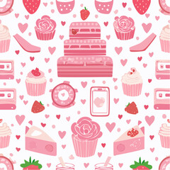 Y2k pink girly seamless pattern with cake, milk, rose flower, strawberry, cassette. Coquette banner backgroud with vintage decor. 2000s aesthetic. Vector texture for wrapping paper, wallpaper, cover