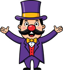 Cartoon magician cad drawing flat vector illustration, cheerful character with mustache, top hat and bow tie, front view charming poseCartoon magician cad drawing flat vector illustration, 