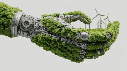 A robotic hand covered of green moss holds wind turbines , symbolizing the use of renewable energy in an eco-friendly world. White background, detailed illustration  3D render. 
