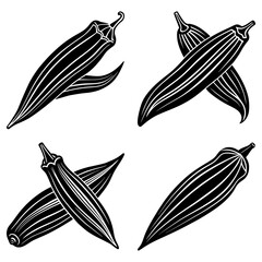 Monochrome illustration of four okra pods in various orientations on a white background surface area