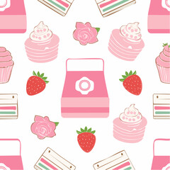 Y2k pink girly seamless pattern with cake, milk, rose flower, strawberry, cassette. Coquette banner backgroud with vintage decor. 2000s aesthetic. Vector texture for wrapping paper, wallpaper, cover