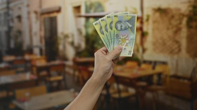 Man holding romanian leu banknotes at an outdoor cafe terrace on a city street, surrounded by tables and chairs, showcasing currency and urban lifestyle.
