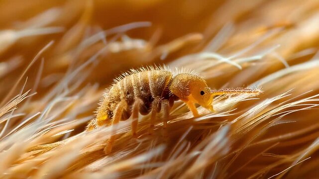 Springtail insect macro close up on soft brown texture with tiny hair details crawling on natural surface showing delicate features in warm light