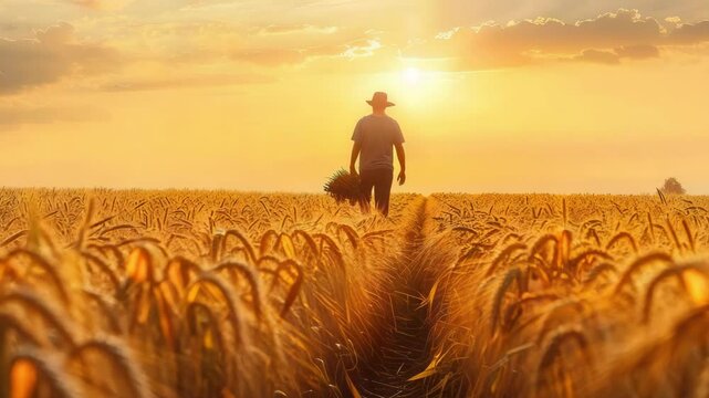 Golden wheat field at sunset with farmer carrying bundle of crop, showcasing rural agriculture and peaceful warm light in vast wheat field landscape