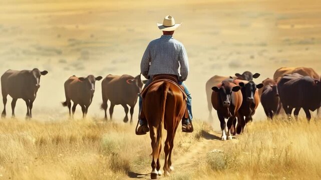 Cowboy riding horse herding cattle on dusty trail through dry grassland under warm sunlight creating peaceful rural herd scene