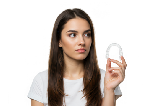A young woman holds clear aligners, contemplating orthodontic treatment for a perfect smile isolated on transparent background