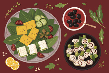 A top-down vector illustration showcases a vibrant, healthy plant-based tofu tapas dinner.