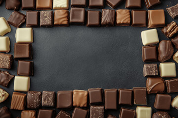 Assorted chocolate bars arranged in rectangular frame with empty center for copy space, top view food background