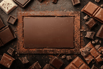 Assorted chocolate bars arranged in rectangular frame with empty center for copy space, top view food background