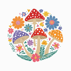 Set of colorful groovy flowers and mushrooms in 70s and 60s style. Vintage hippie elements for poster, card, graphic design. Psychedelic seventies stickers. Vector illustrations.