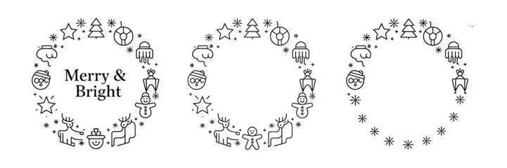 Merry Bright Line Icon Wreath With Tree, Star, Snowflake and Gift on White