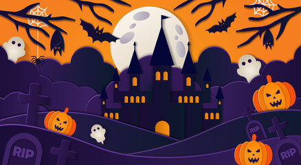 Happy Halloween Night, Paper cut style. Vector illustration. Trick or treat party poster