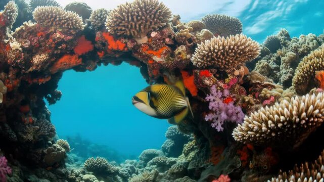 Majestic triggerfish swimming in clear blue ocean water amidst vibrant coral reef.