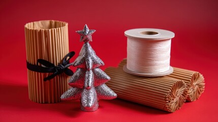 Spool of thread and twine roll beside decorated Christmas tree with lights and ornaments indoors.
